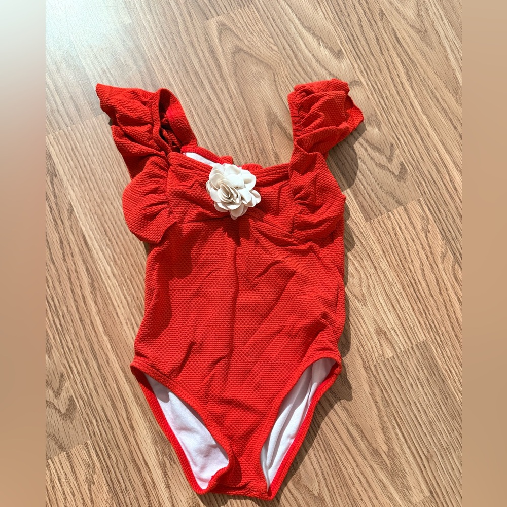 Janie and Jack Red One-Piece Swimsuit with White Flower